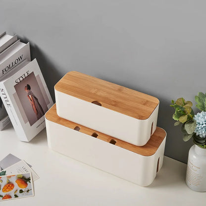 Bamboo-Lid Cable Management Box, Cord & Power Strip Organizer
