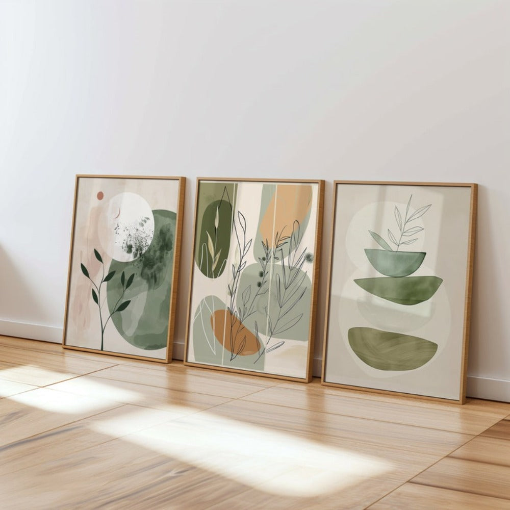 Botanical Boho Wall Art Set, Earthy Floral Abstract Plant Prints