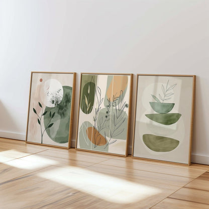 Botanical Boho Wall Art Set, Earthy Floral Abstract Plant Prints
