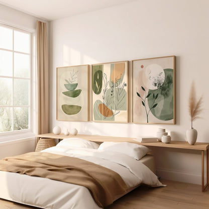 Botanical Boho Wall Art Set, Earthy Floral Abstract Plant Prints