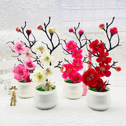 Artificial Plum Blossom Bonsai - Faux Flowering Tree in Pot Decor