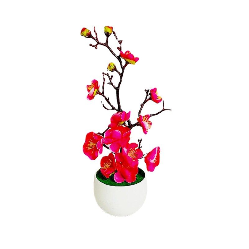 Artificial Plum Blossom Bonsai - Faux Flowering Tree in Pot Decor