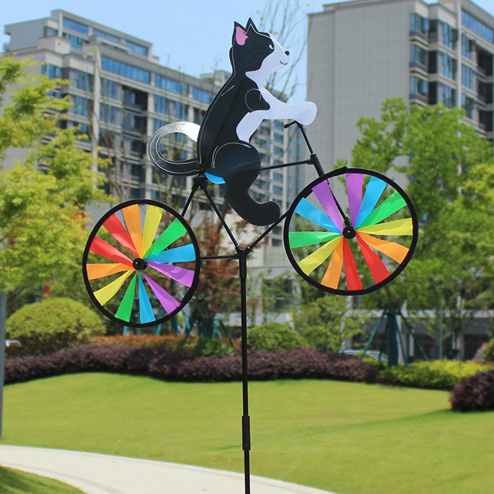 Cat on Bicycle Garden Wind Spinner Stake - Outdoor Yard Pinwheel Decor