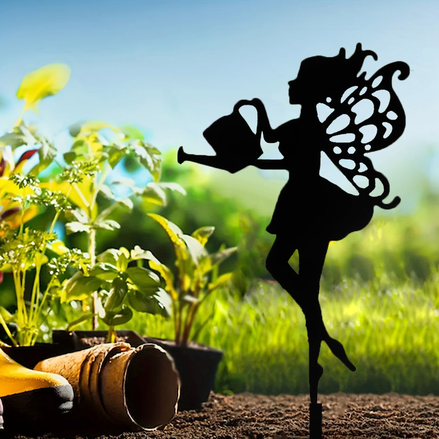 Fairy Watering Can Metal Garden Stake, Iron Yard Silhouette Decor