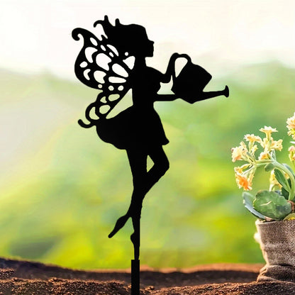 Fairy Watering Can Metal Garden Stake, Iron Yard Silhouette Decor