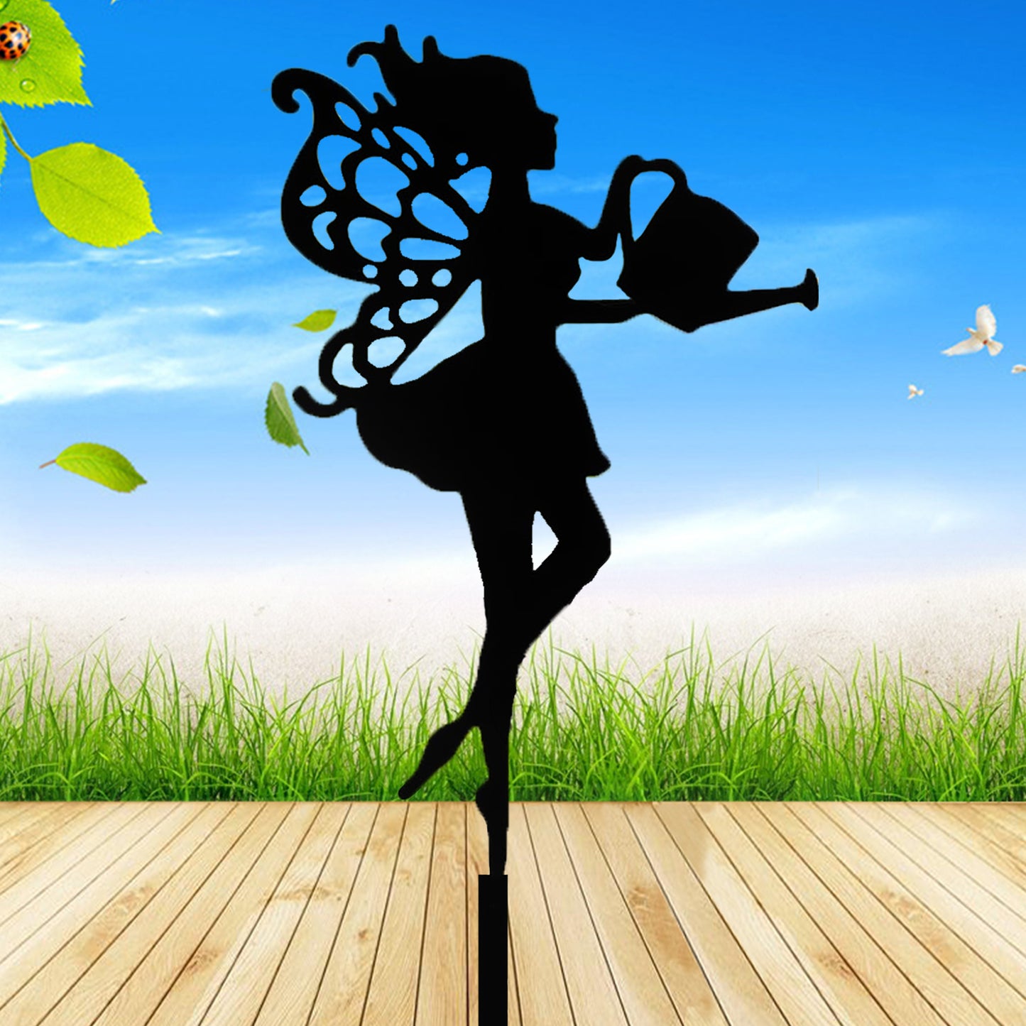 Fairy Watering Can Metal Garden Stake, Iron Yard Silhouette Decor