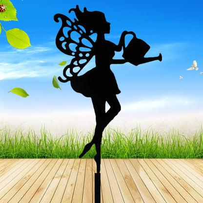 Fairy Watering Can Metal Garden Stake, Iron Yard Silhouette Decor