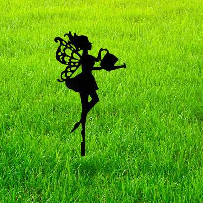 Fairy Watering Can Metal Garden Stake, Iron Yard Silhouette Decor