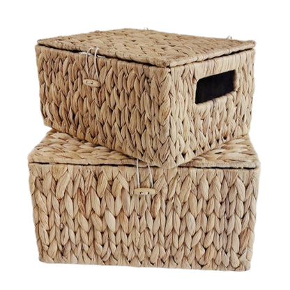 Woven Water Hyacinth Storage Box with Lid & Handles, Shelf Basket
