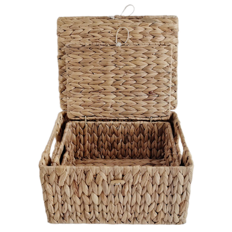 Woven Water Hyacinth Storage Box with Lid & Handles, Shelf Basket