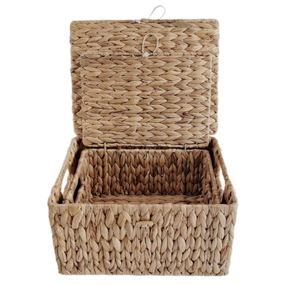 Woven Water Hyacinth Storage Box with Lid & Handles, Shelf Basket