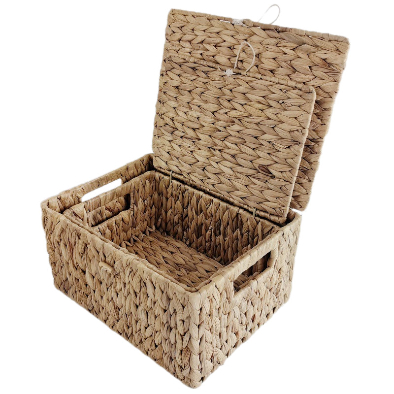 Woven Water Hyacinth Storage Box with Lid & Handles, Shelf Basket