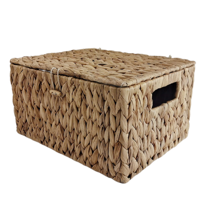 Woven Water Hyacinth Storage Box with Lid & Handles, Shelf Basket