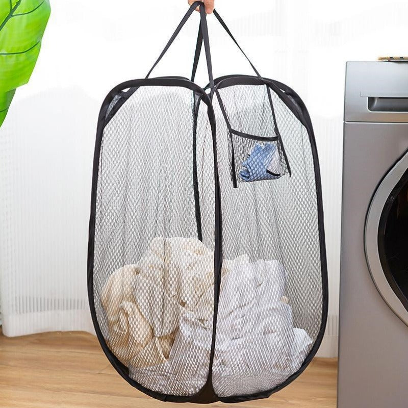 Pop-Up Mesh Laundry Hamper, Foldable Breathable Basket with Pocket