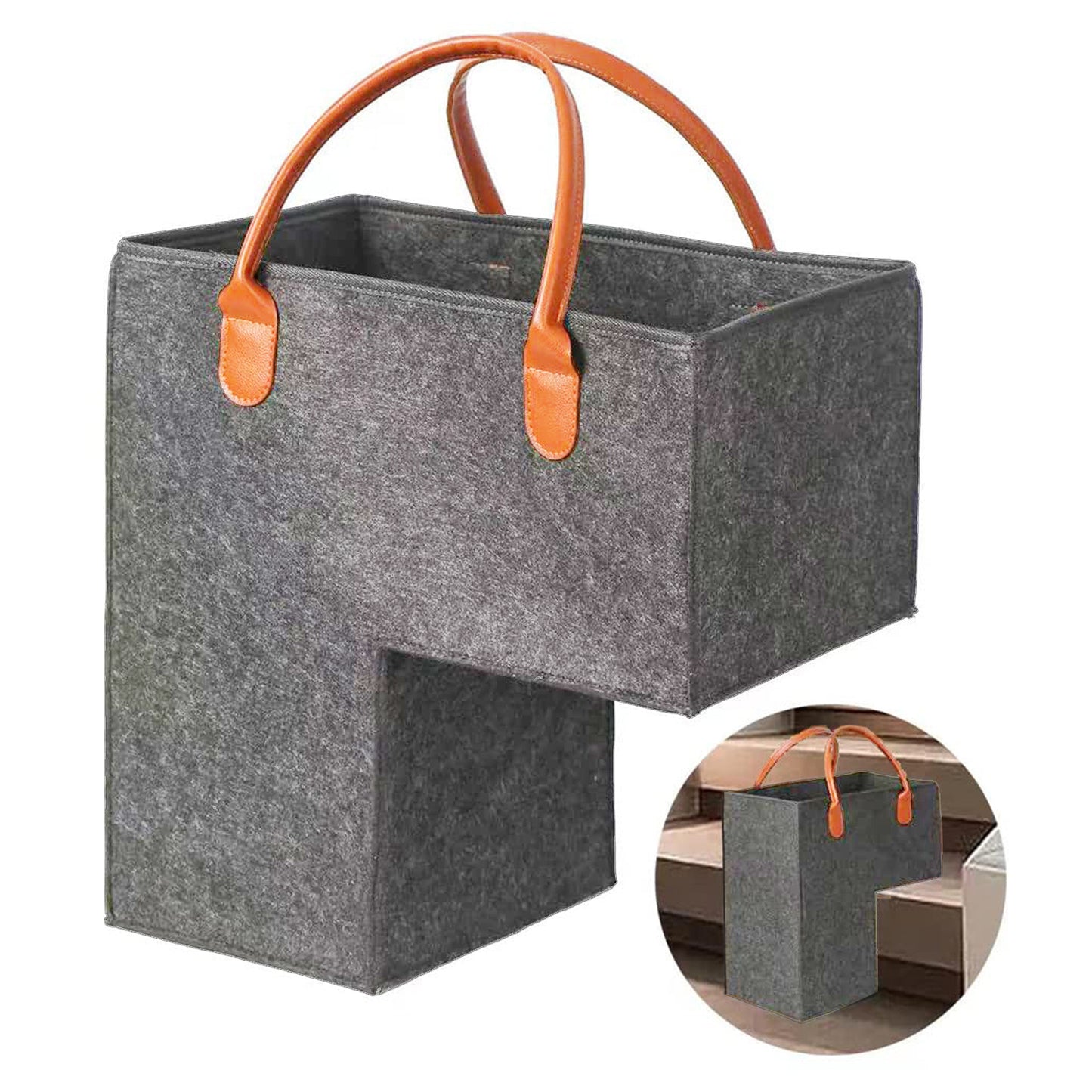Large Felt Stair Basket, Step-Edge Storage Tote with PU Handles