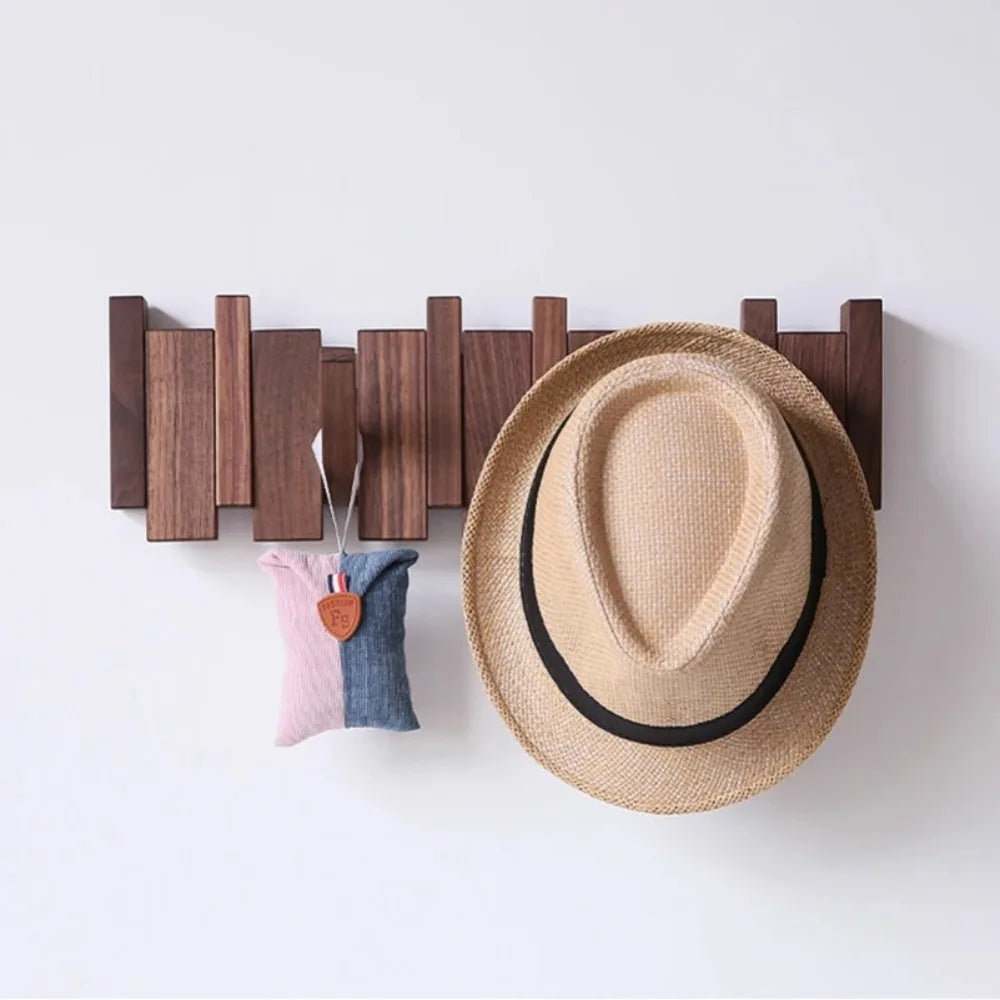 Walnut Wood Wall Coat Rack with 8 Fold-Down Flip Hooks