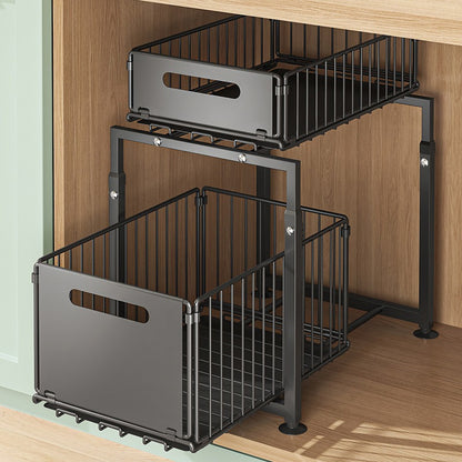 2-Tier Pull-Out Sink Storage Rack with Cups & Side Hooks
