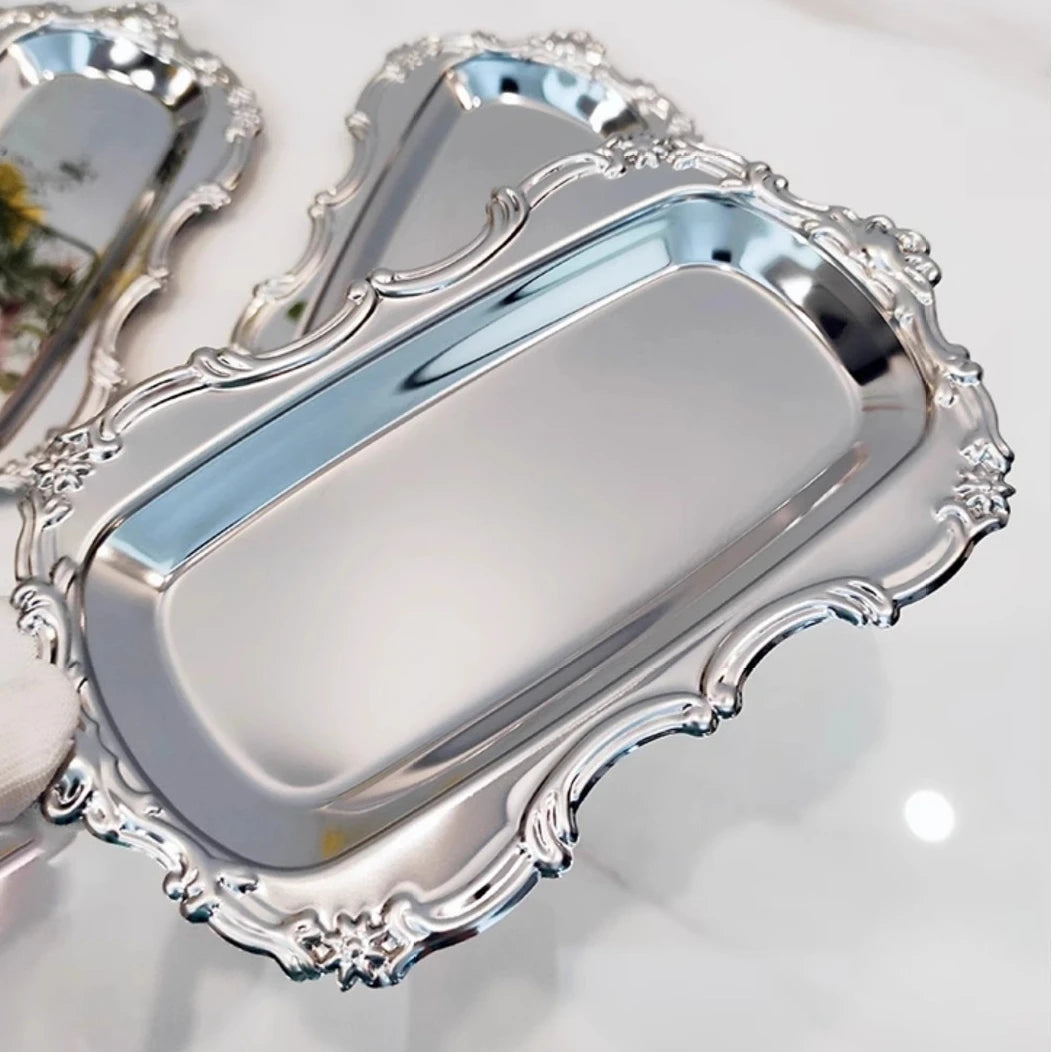 Vintage Embossed Stainless Steel Tray - Silver Serving & Trinket Dish