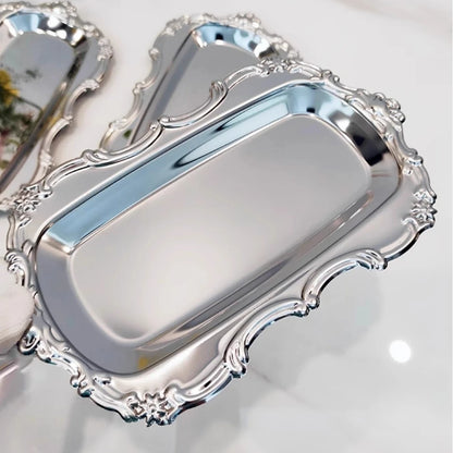 Vintage Embossed Stainless Steel Tray - Silver Serving & Trinket Dish