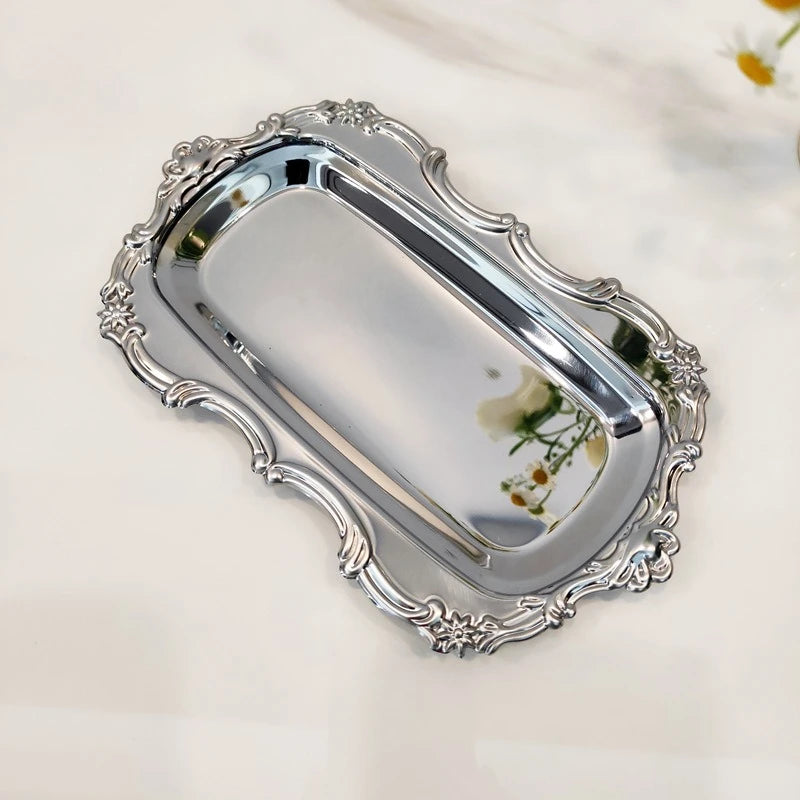 Vintage Embossed Stainless Steel Tray - Silver Serving & Trinket Dish