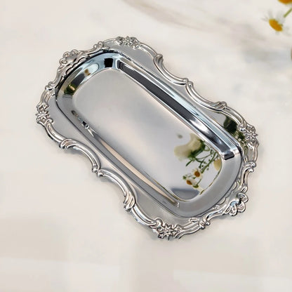 Vintage Embossed Stainless Steel Tray - Silver Serving & Trinket Dish