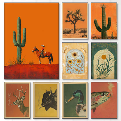 Western Cowboy Canvas Wall Art Set, Desert Cactus Prints