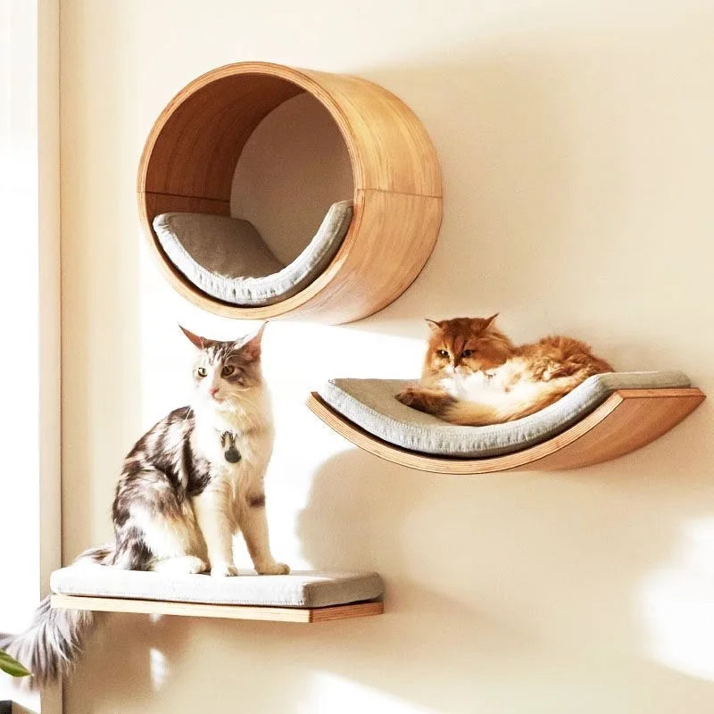 Wooden Wall-Mounted Cat Climbing Shelves with Sisal Scratcher