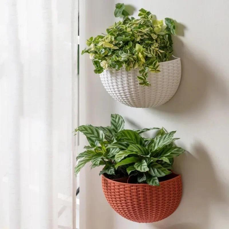 Rattan-Look Wall Hanging Planter, Half-Round Mounted Flower Pot