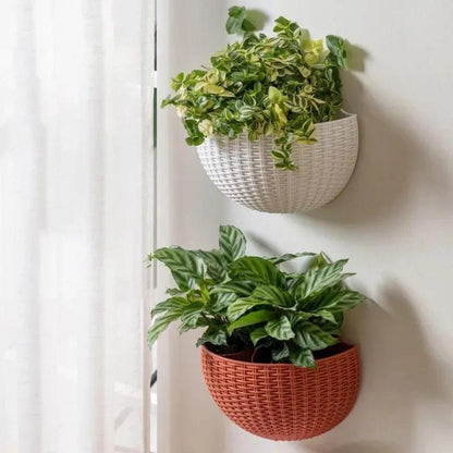 Rattan-Look Wall Hanging Planter, Half-Round Mounted Flower Pot