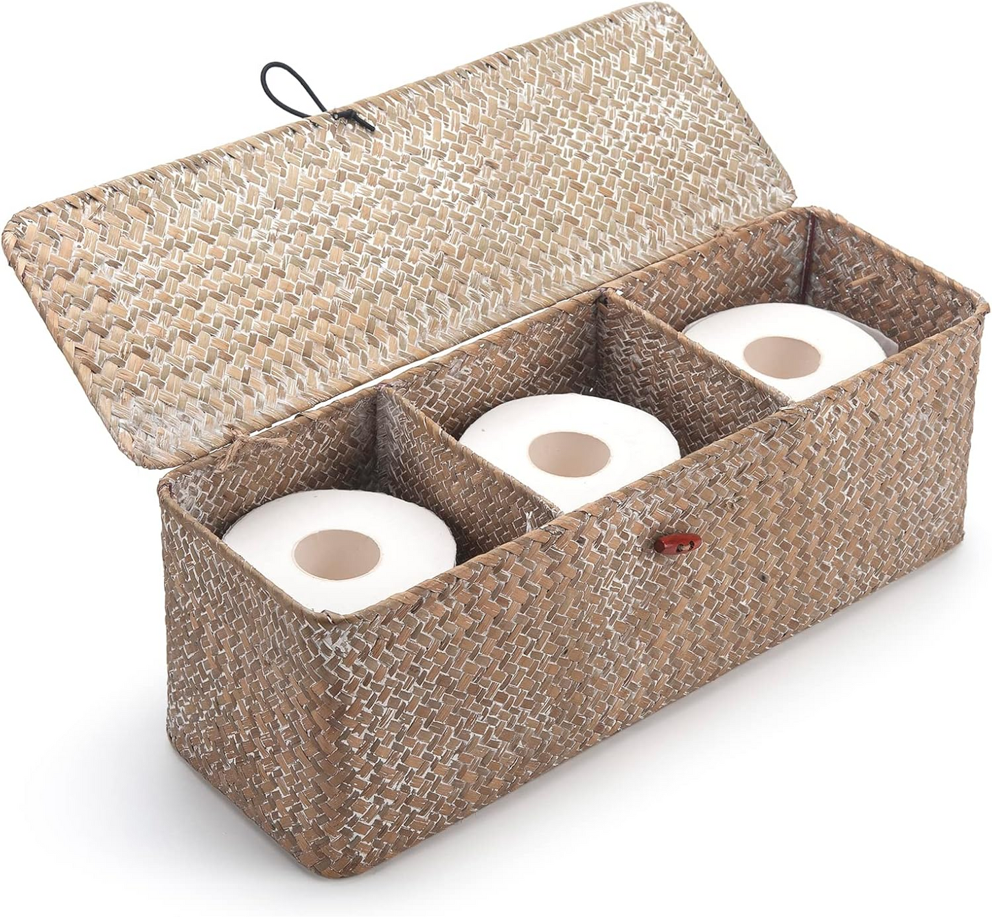 Whitewash Seagrass Toilet Paper Storage Basket with Lid