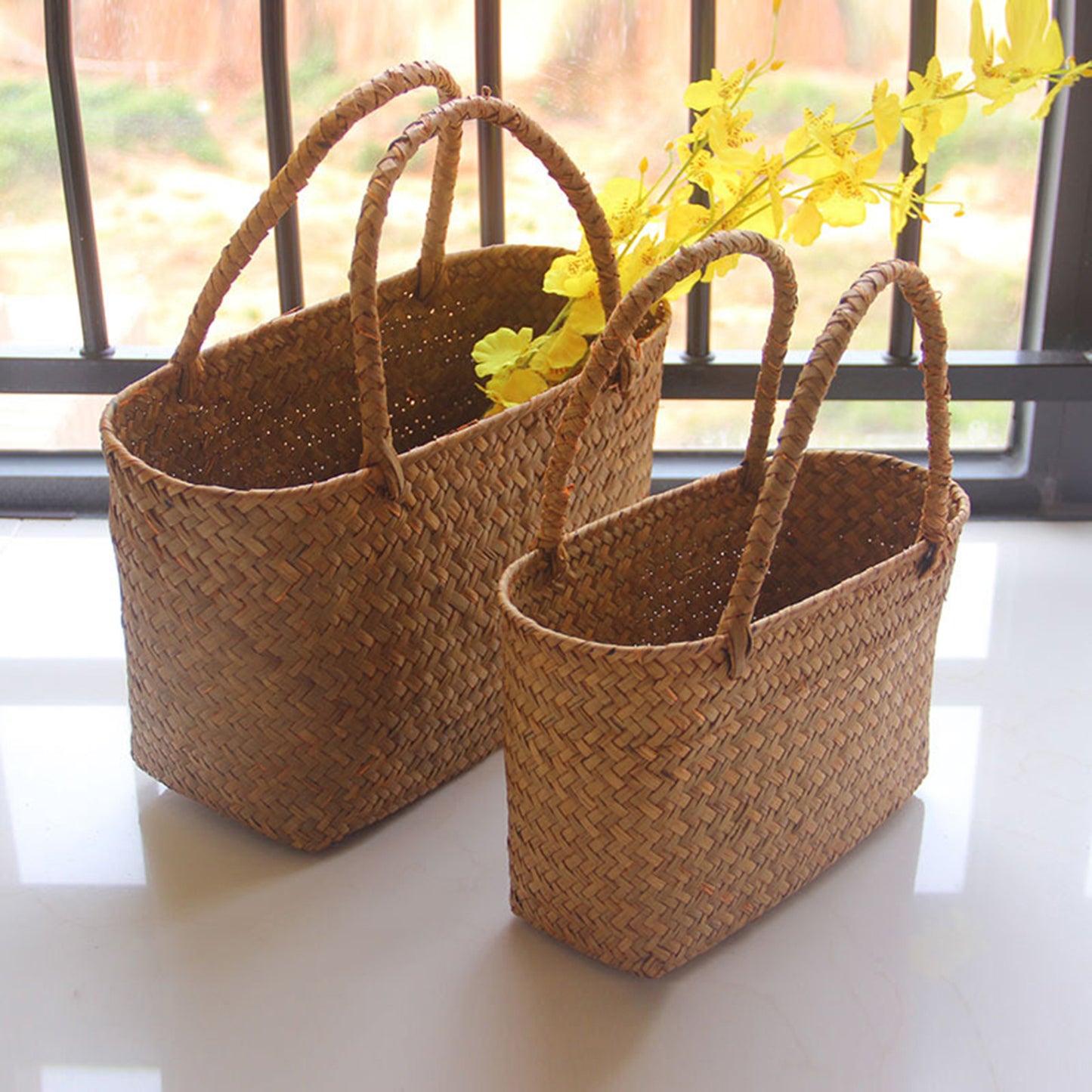 Seagrass Woven Tote Basket - Handmade Boho Beach & Flower Bag