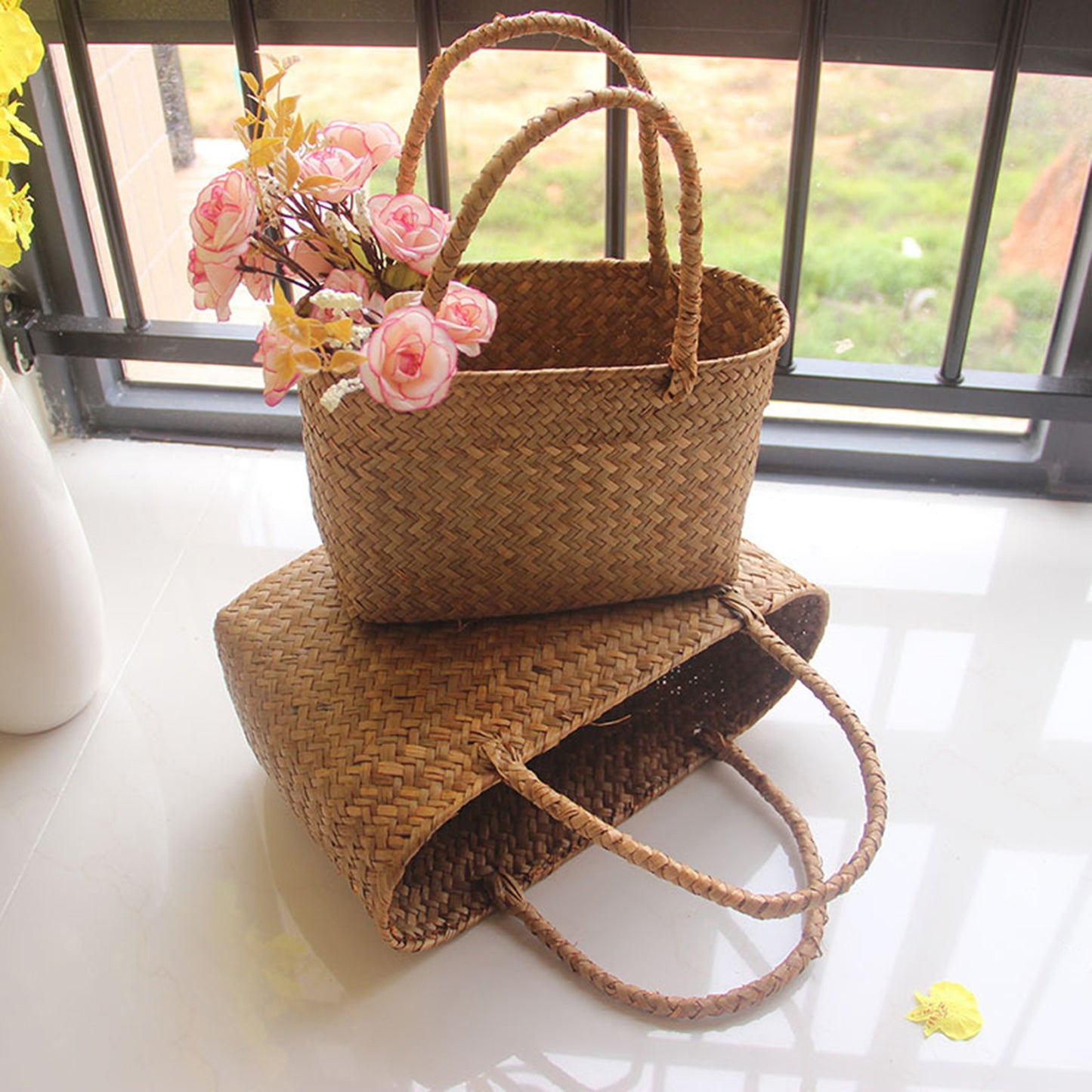 Seagrass Woven Tote Basket - Handmade Boho Beach & Flower Bag