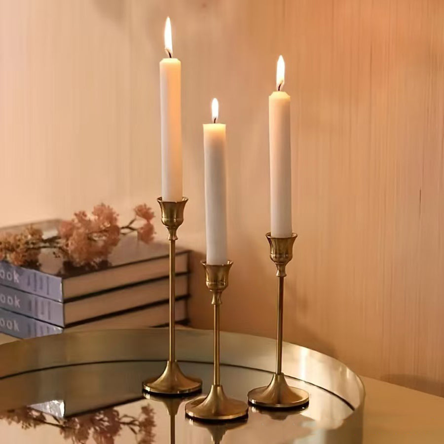 Gold Taper Candle Holders, Set of 3 Elegant Brass Candlestick Stands