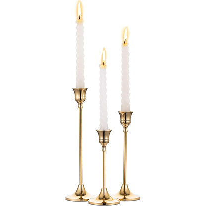 Gold Taper Candle Holders, Set of 3 Elegant Brass Candlestick Stands