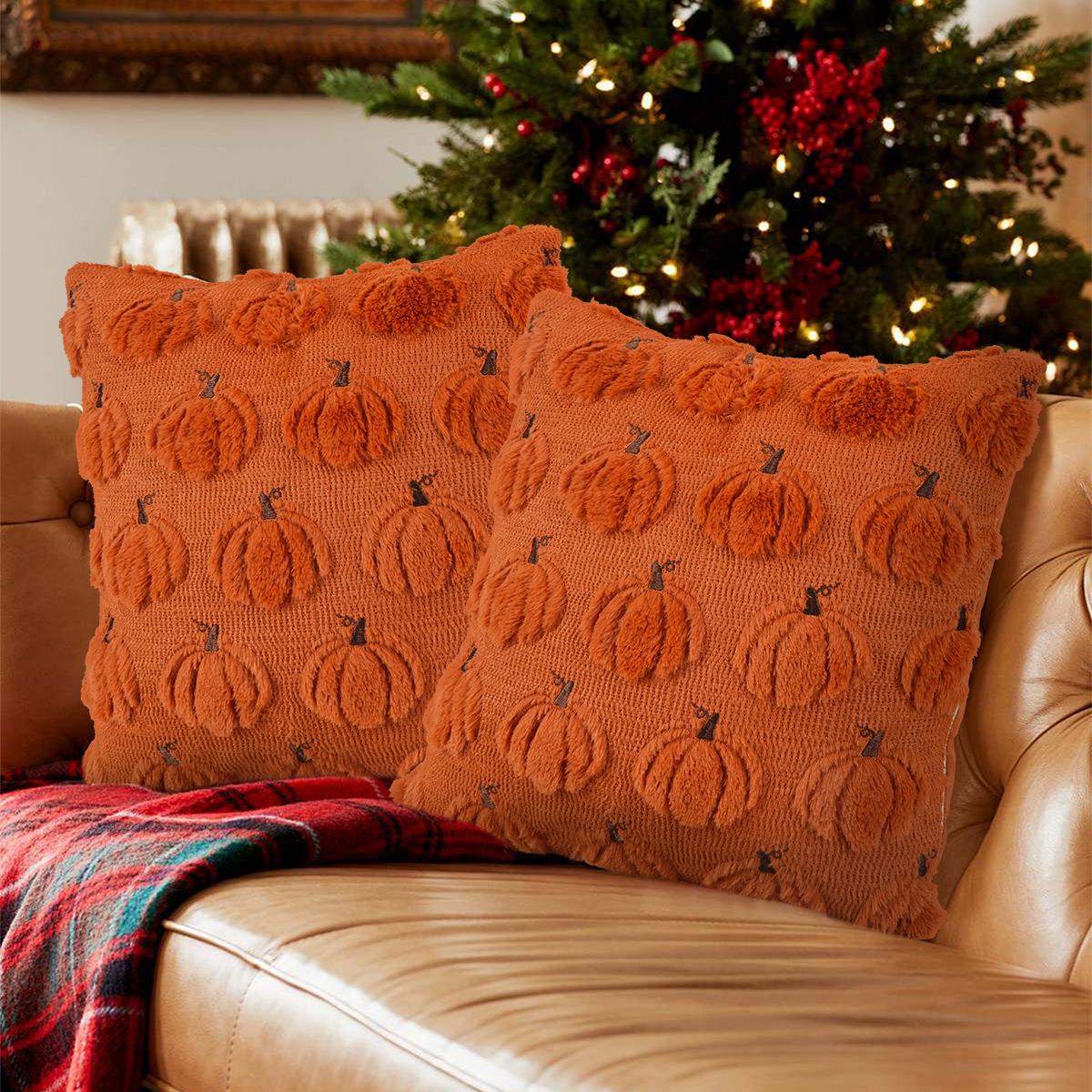 Ghost & Pumpkin Plush Pillow Covers, Faux Fur Halloween Decor, 2-Pack