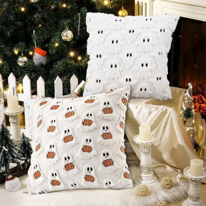 Ghost & Pumpkin Plush Pillow Covers, Faux Fur Halloween Decor, 2-Pack