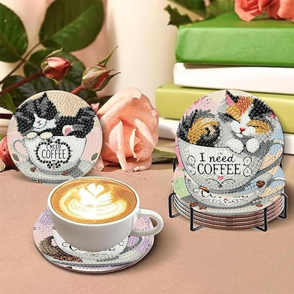 Cat Diamond Painting Coaster Set - 8 DIY Coasters with Holder