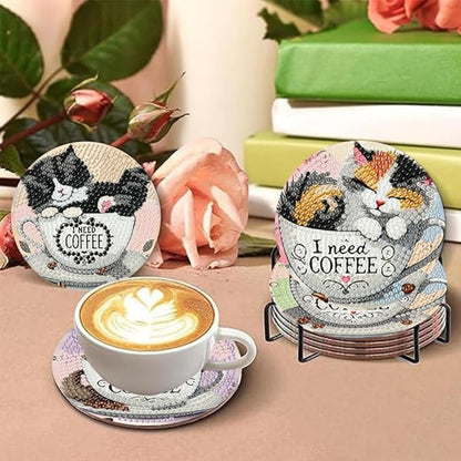 Cat Diamond Painting Coaster Set - 8 DIY Coasters with Holder