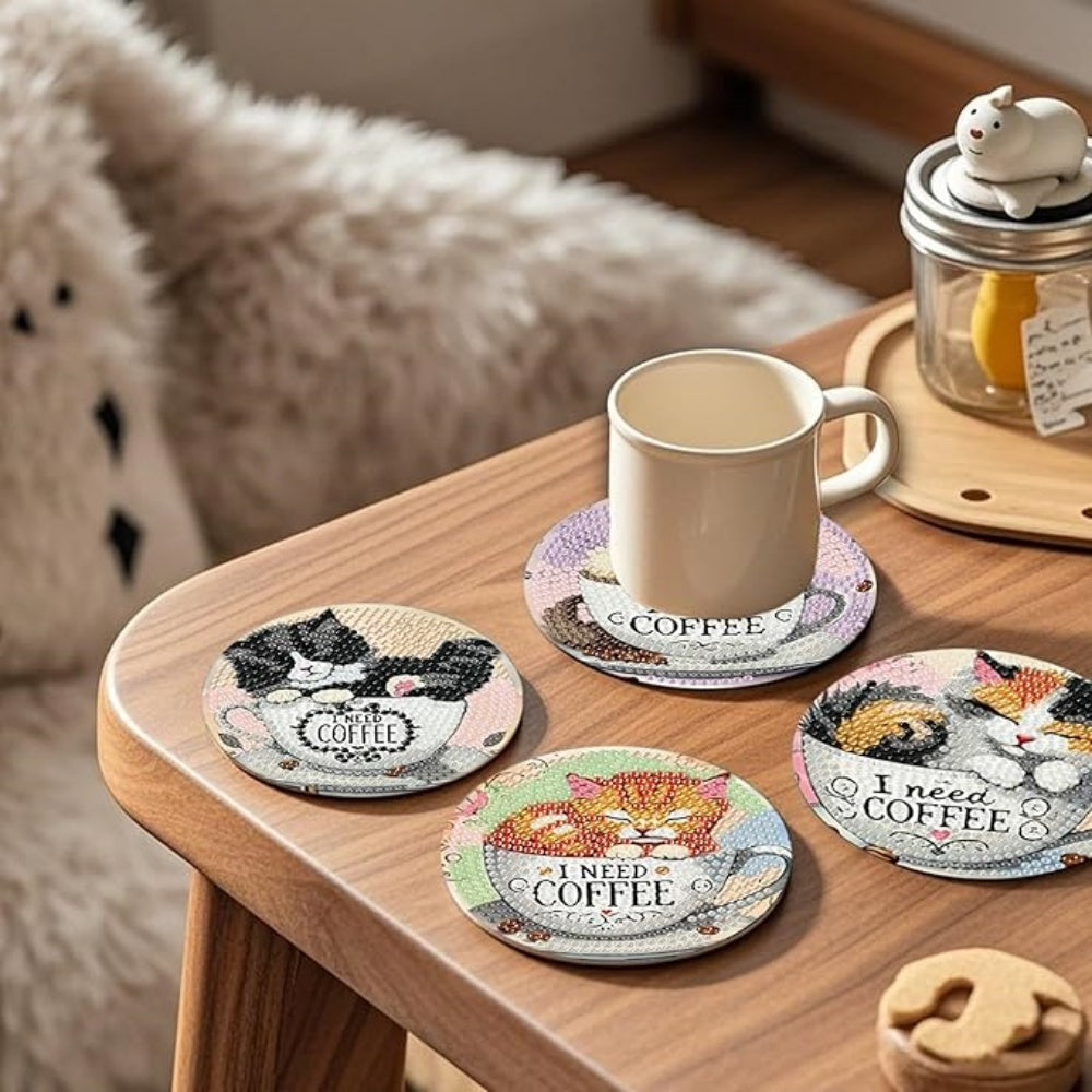 Cat Diamond Painting Coaster Set - 8 DIY Coasters with Holder