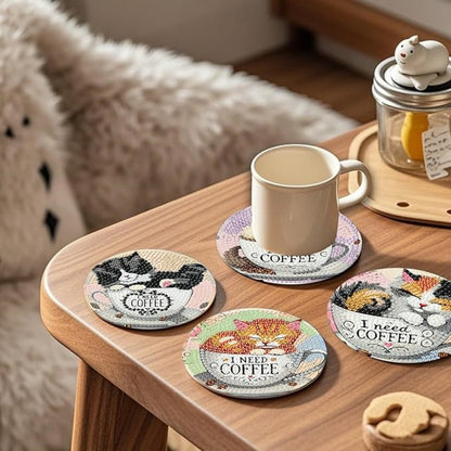 Cat Diamond Painting Coaster Set - 8 DIY Coasters with Holder