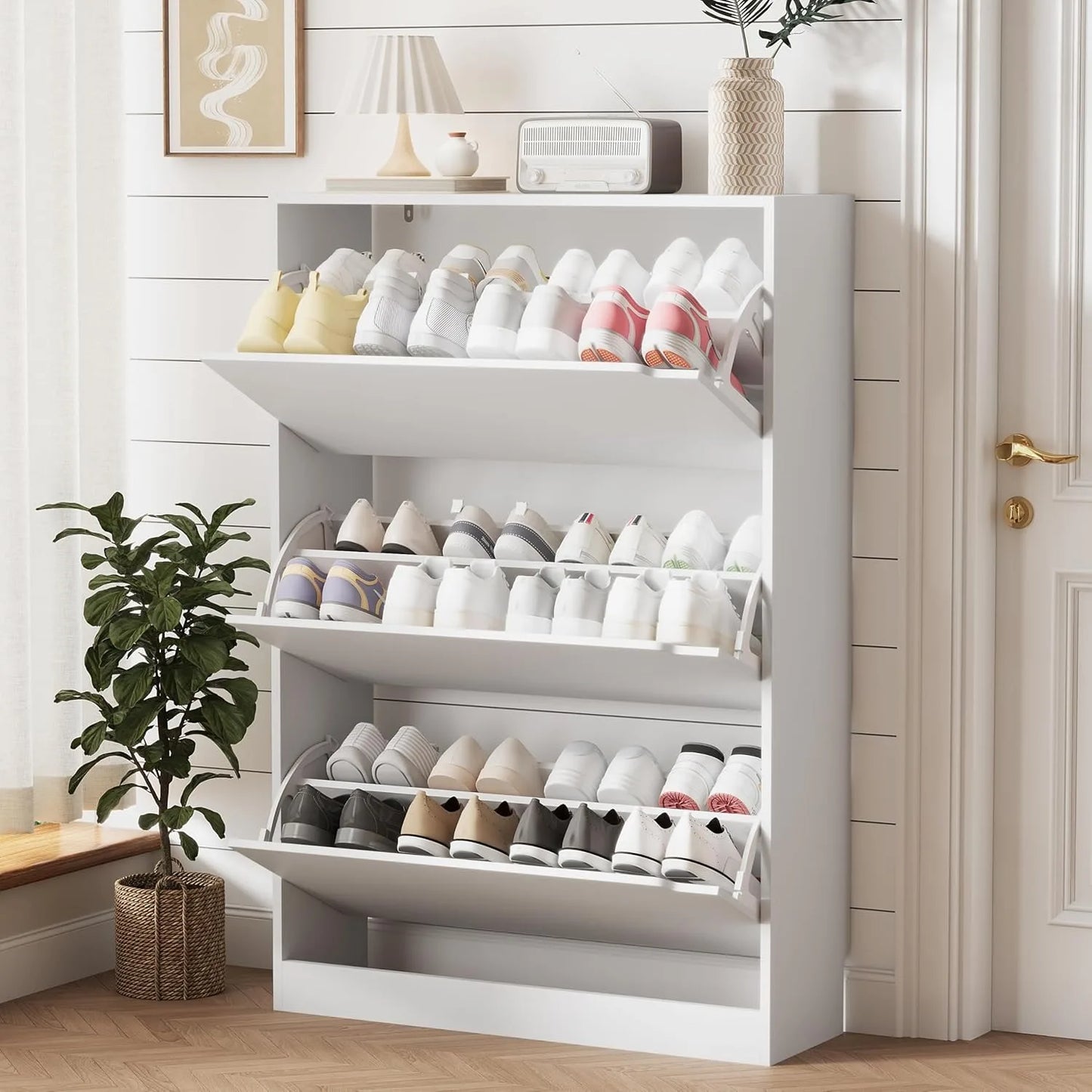 3-Drawer Flip Shoe Cabinet, Slim Wood Entryway Storage Organizer