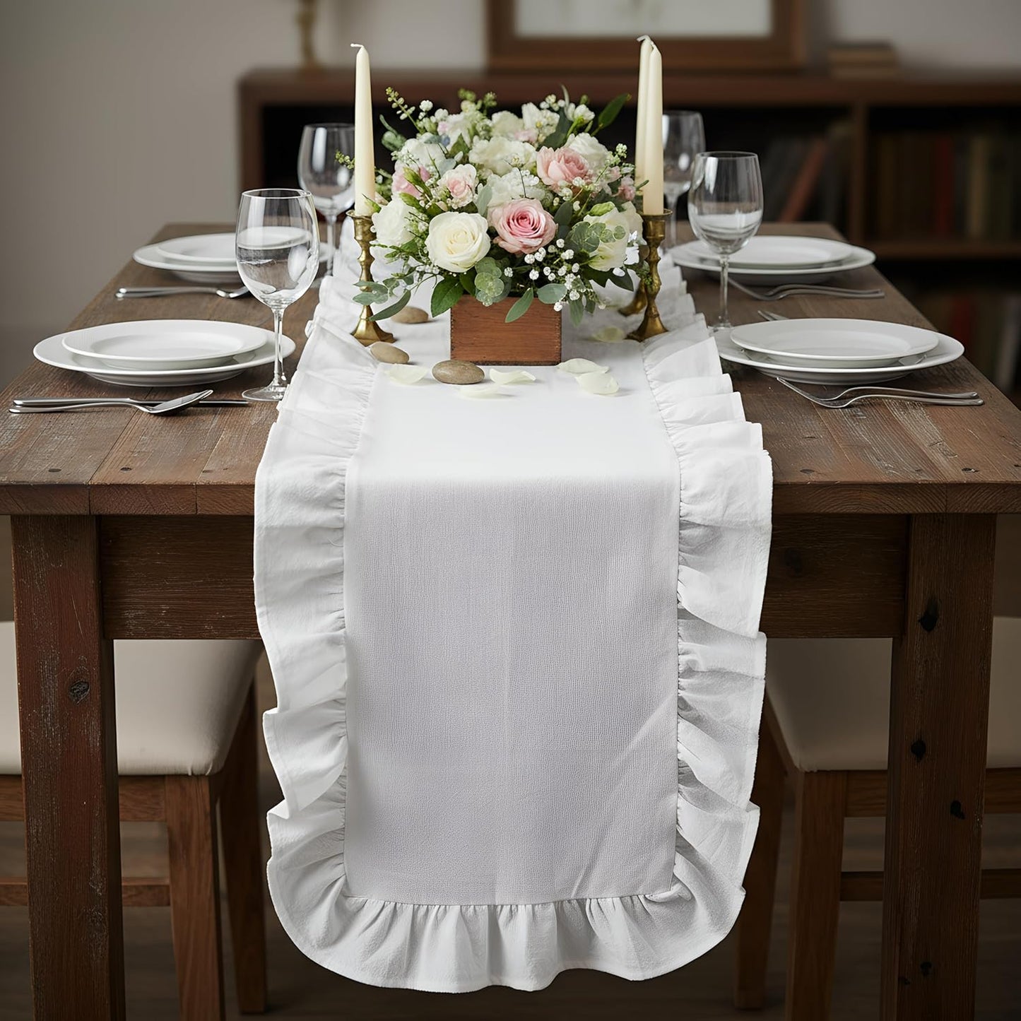 Ruffled-Edge Cotton Table Runner, Farmhouse Rustic White