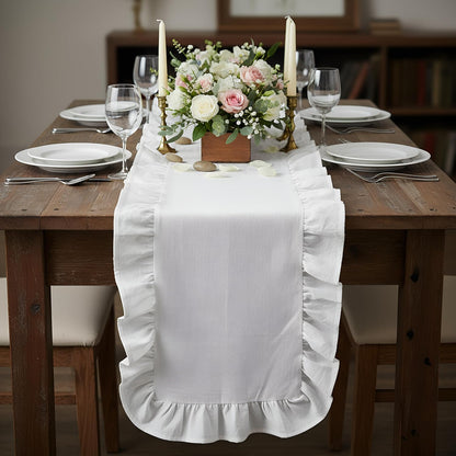 Ruffled-Edge Cotton Table Runner, Farmhouse Rustic White