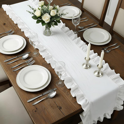 Ruffled-Edge Cotton Table Runner, Farmhouse Rustic White