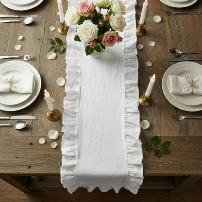 Ruffled-Edge Cotton Table Runner, Farmhouse Rustic White