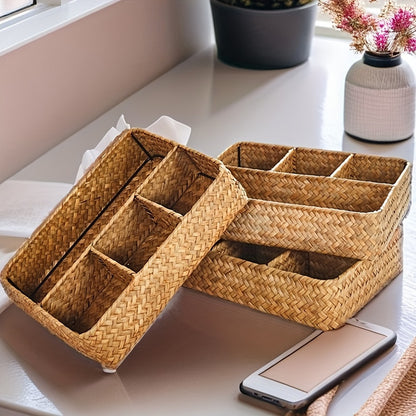 Seagrass Desk Organizer Basket - Woven Divided Storage Tray