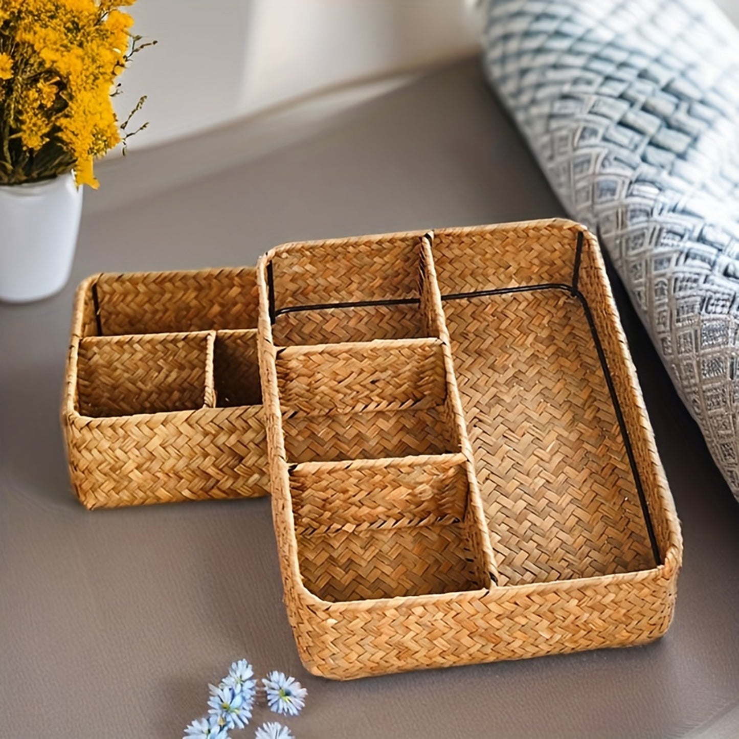 Seagrass Desk Organizer Basket - Woven Divided Storage Tray