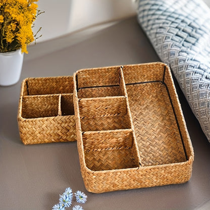Seagrass Desk Organizer Basket - Woven Divided Storage Tray