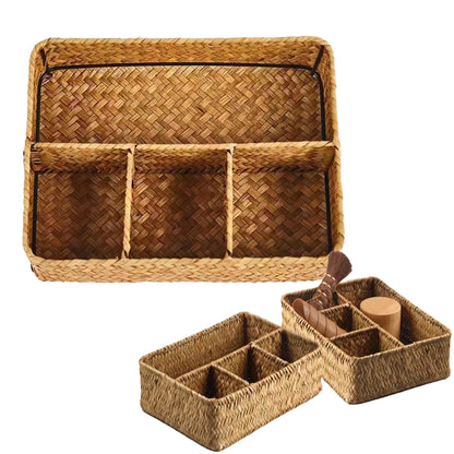 Seagrass Desk Organizer Basket - Woven Divided Storage Tray
