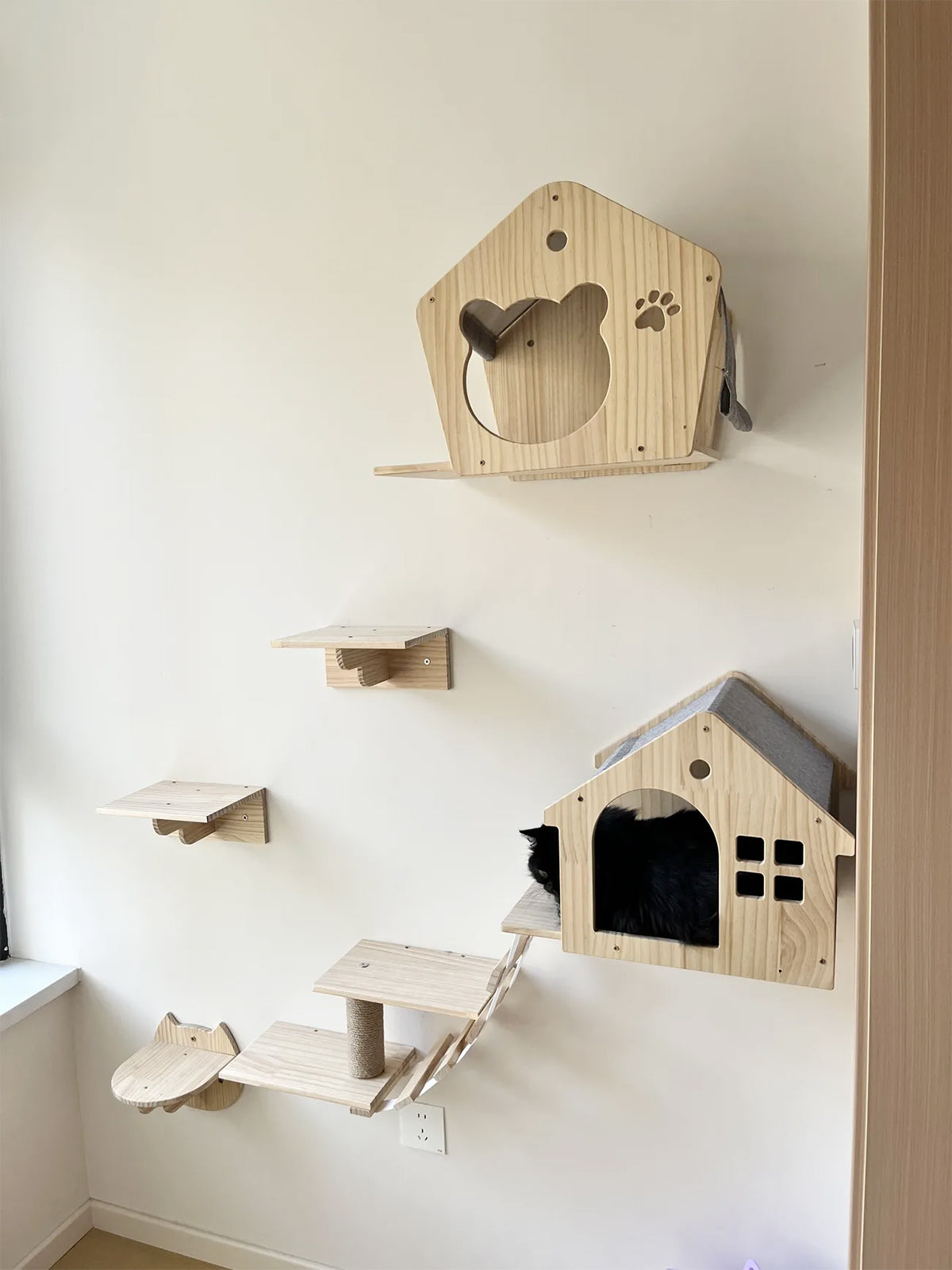 Wall-Mounted Cat Climbing Shelf Set with Cozy House Bed